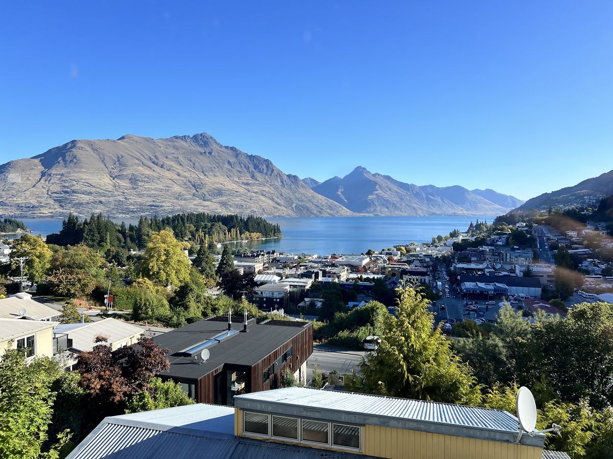 Looking down over Queenstown and the lake from Hippo Lodge